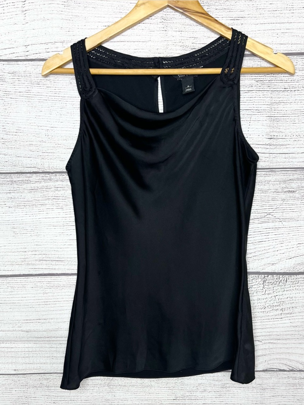 WHBM Black Satin Lace Trim Cowl Neck Sleeveless Blouse Top Size Small